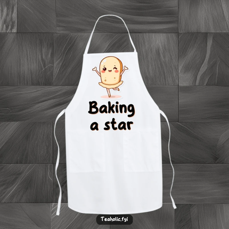 Funny apron illustrating a happy tea biscuit performing a ballet pirouette, adding humor to kitchen tasks.