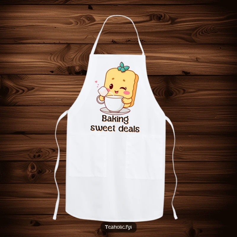 Funny apron with a winking biscuit character sharing tea with a sugar cube, perfect for adding sweetness and humor to cooking.