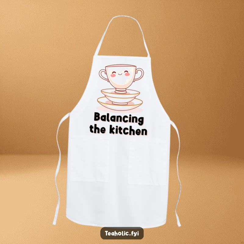 Funny Apron: Cheerful teacup character balancing on delicate saucers, adds charm to cooking.