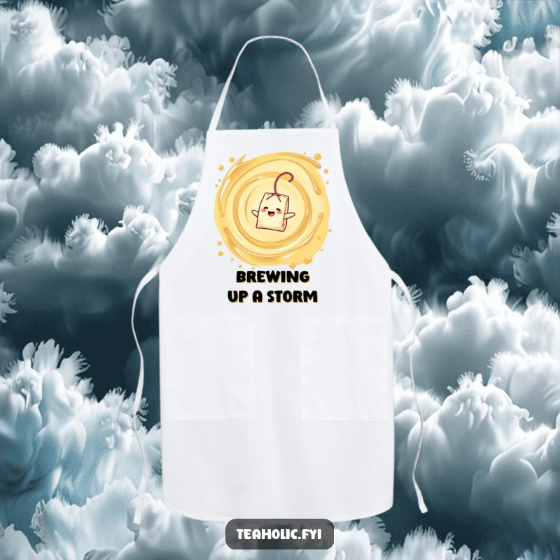 Funny apron displaying a delighted tea bag character floating in a swirling tea vortex, a functional funny gift.