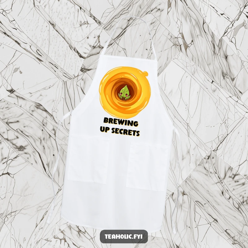 Funny Apron: Curious tea leaf character peeking from a swirling vortex of tea, for kitchen expeditions.