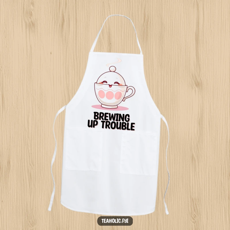 Funny apron with a steaming teacup character playfully winking, ready to add charm to your kitchen duties.