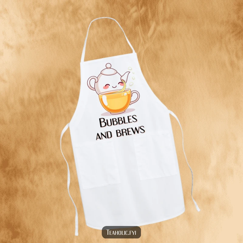 Funny apron with a giggling teapot character spouting tea bubbles, designed for kitchen fun and a humorous cooking experience.