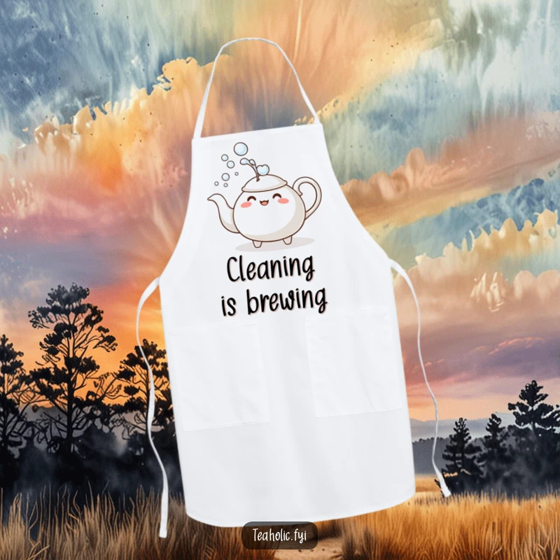 Funny Apron: A teapot character comically dousing itself with a stream of bubbles, ideal for kitchen fun and a humorous gift.