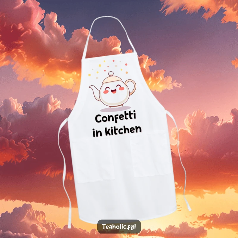 Funny apron displaying a cheerful teapot character spilling playful tea droplets like confetti, a functional funny gift.
