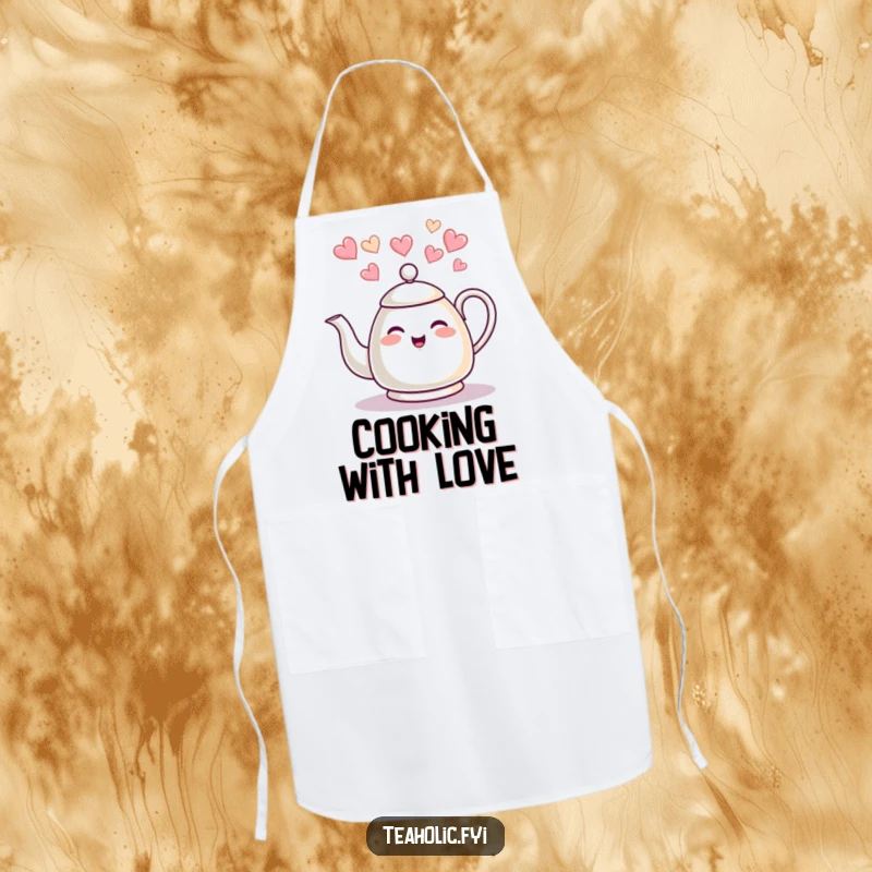 Funny tea kettle apron, giggling character, heart-shaped steam, perfect funny gift for cooking enthusiasts.