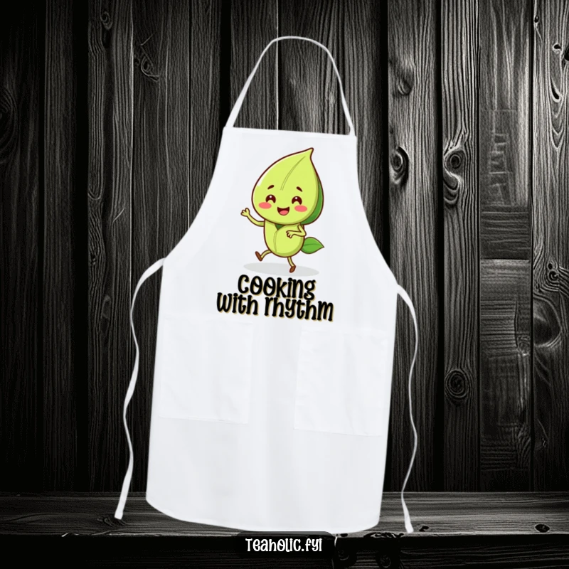 Funny apron featuring a smiling tea leaf character doing a joyful jig, a humorous and spirited kitchen essential.