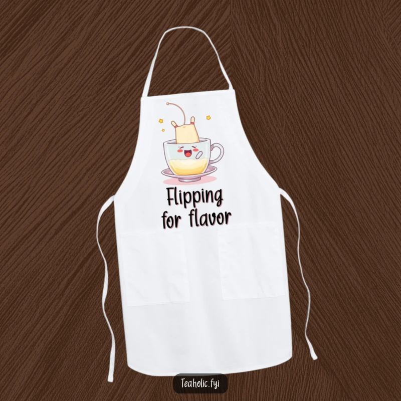 Funny apron displaying a tea bag character happily somersaulting into a frothy cup, a functional funny gift.