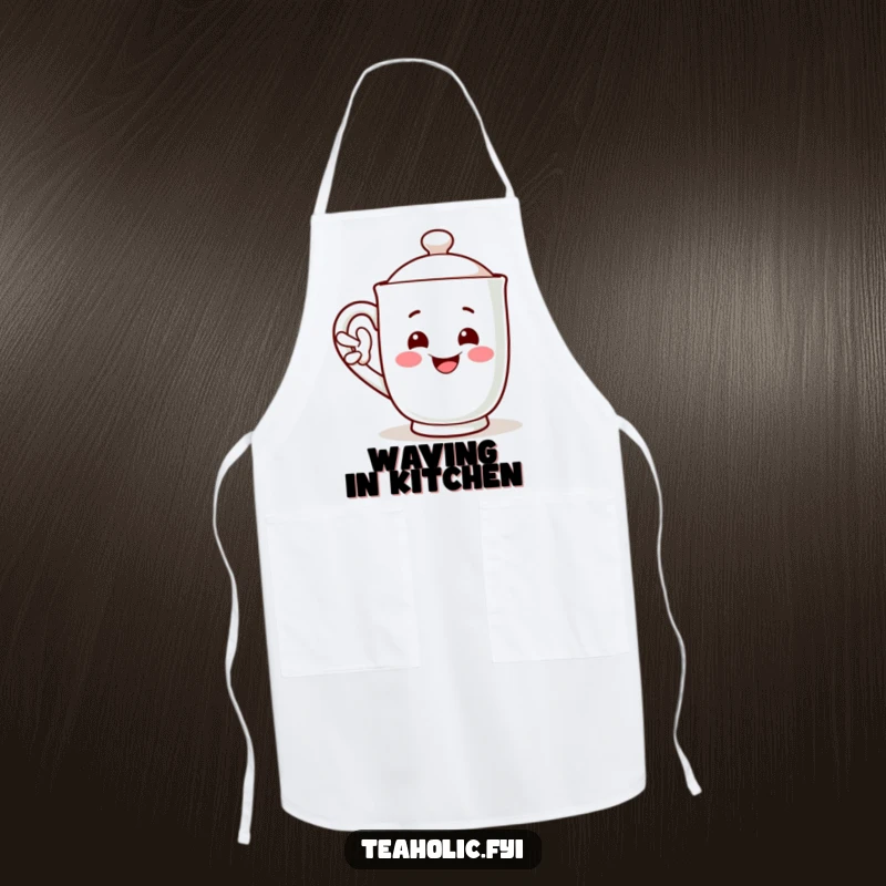 Funny apron displaying a smiling mug character waving its handle, a functional funny gift.