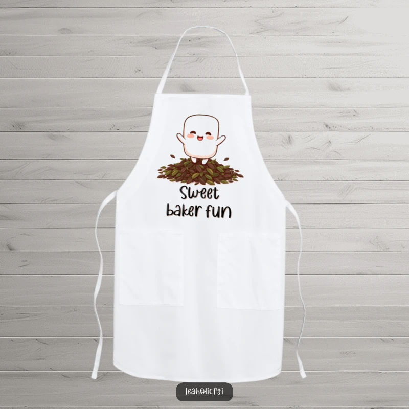 Funny giggling marshmallow character playfully bouncing on a pile of tea leaves, depicted on a kitchen apron.