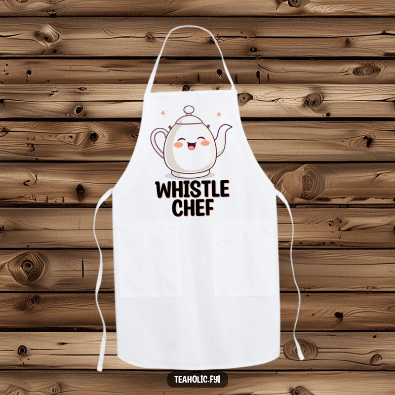 Funny tea kettle apron depicting a giggling kettle whistling with sheer joy, ready for kitchen duties with a smile.