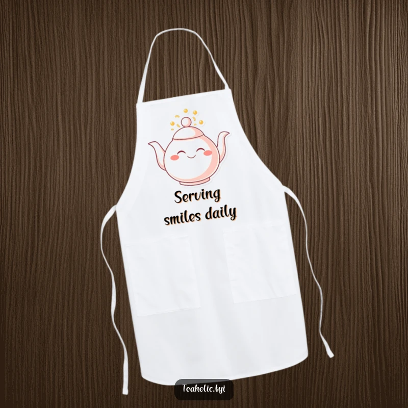 Funny apron featuring a smiling teapot overflowing with joy, bringing a warm, cheerful touch to kitchen duties.