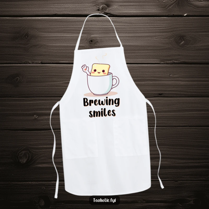 Funny apron showing a kawaii tea bag character waving enthusiastically from a steaming mug while cooking.
