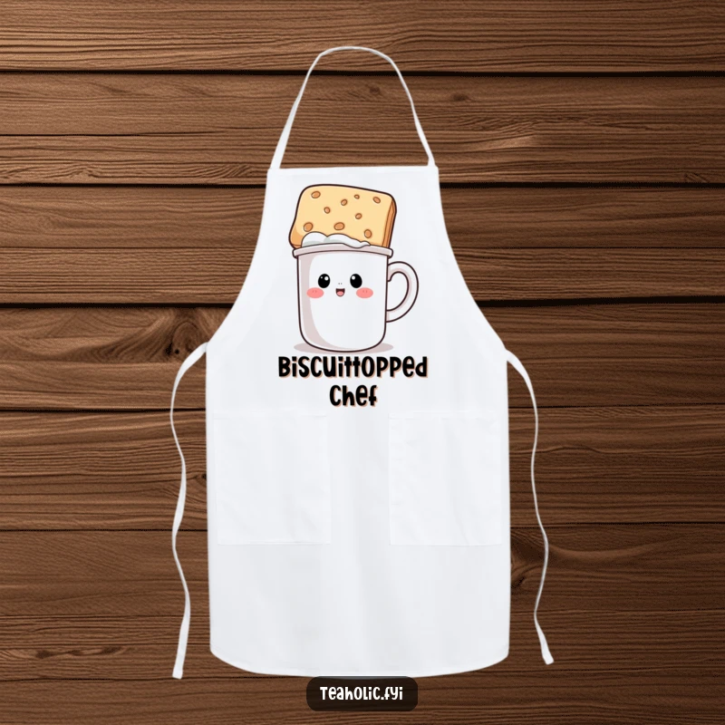 Funny apron design with a mug character humorously wearing a biscuit hat, perfect for adding personality to kitchen duties.
