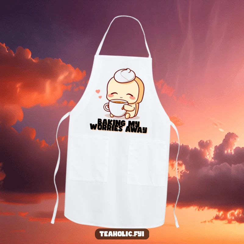 Funny Pastry Apron: A contented pastry character sips tea with eyes closed, bringing peaceful vibes to kitchen tasks.
