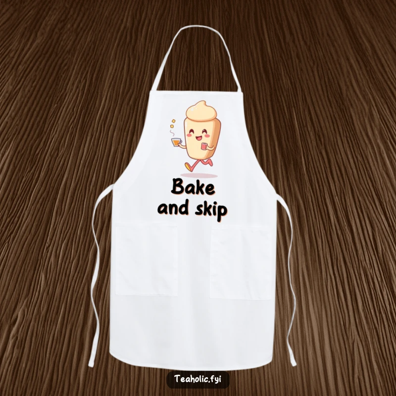Funny pastry apron showing a smiling pastry character happily skipping while holding a cup of tea, perfect for a cheerful cook.