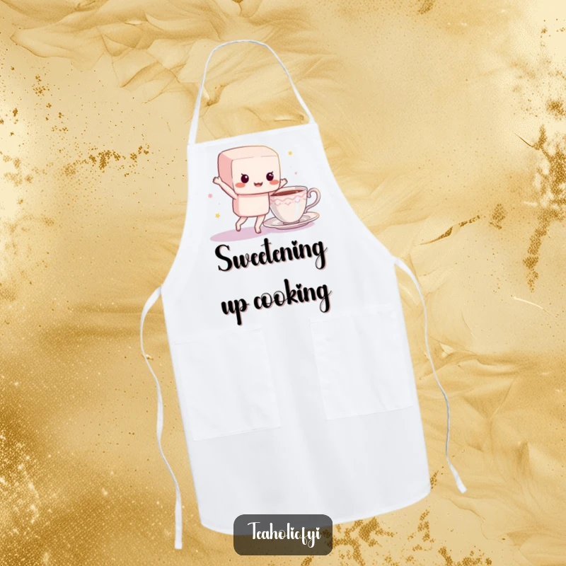 Funny sugar cube apron showing a dancing character near a teacup, perfect for kitchen fun and protection with a sweet theme.