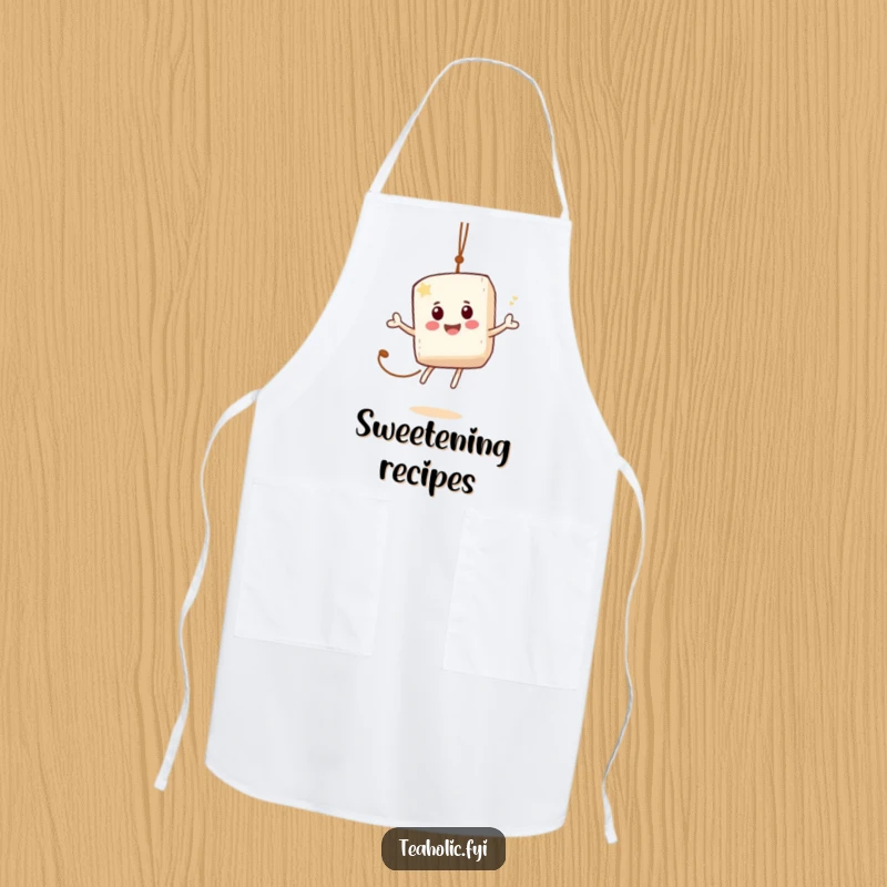 Funny apron with a jovial sugar cube character bouncing on a tea bag string, adding sweet joy to cooking.