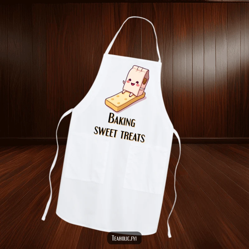 Funny tea bag apron, character sliding down sugary biscuit slide, fun and practical, perfect funny gift.
