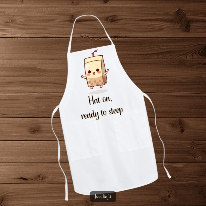 Funny Apron displaying a lively tea bag character, wearing a hat and playfully bouncing, ready to add humor to cooking.