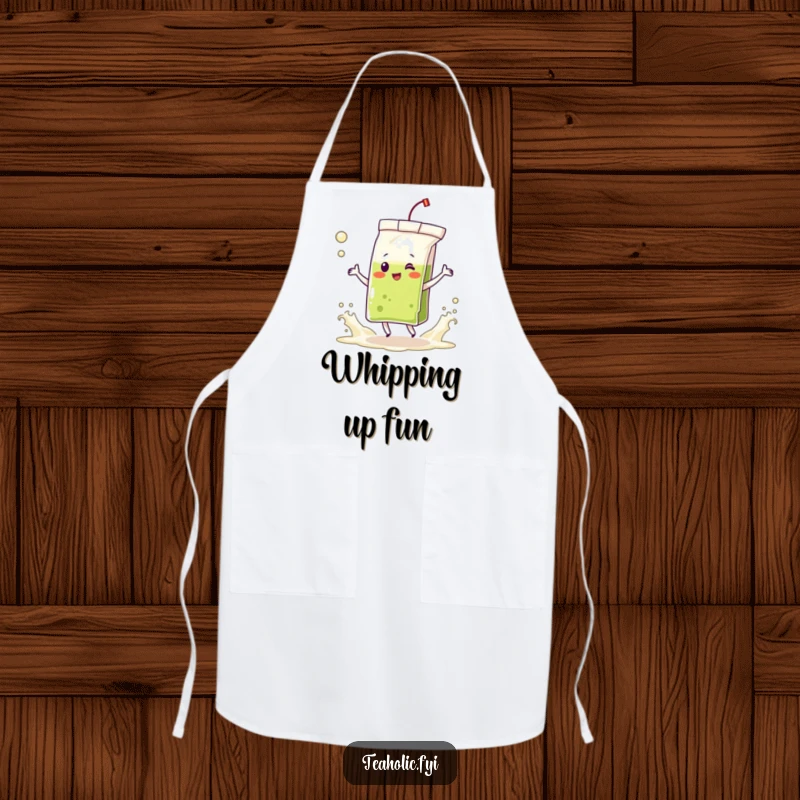Funny apron with a delighted tea bag character dancing in frothing tea waves, perfect for adding humor and cheer to the kitchen.