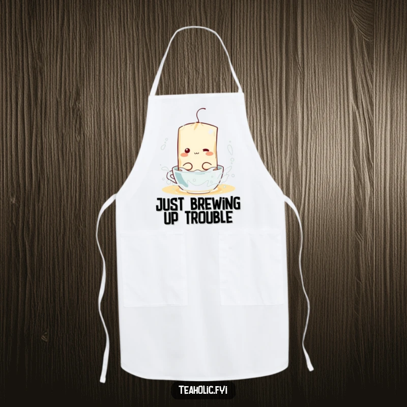 Funny apron featuring a tea bag character playfully splashing in hot water while cooking, a humorous kitchen accessory.