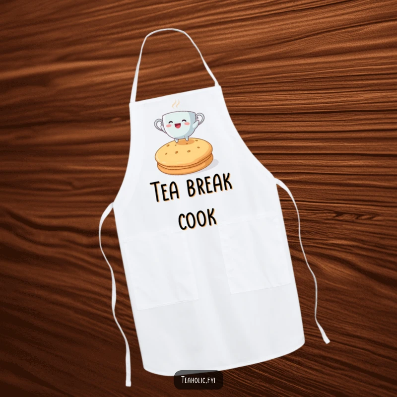 Funny teacup character joyfully leaping over a large biscuit, a comical apron for tea lovers.