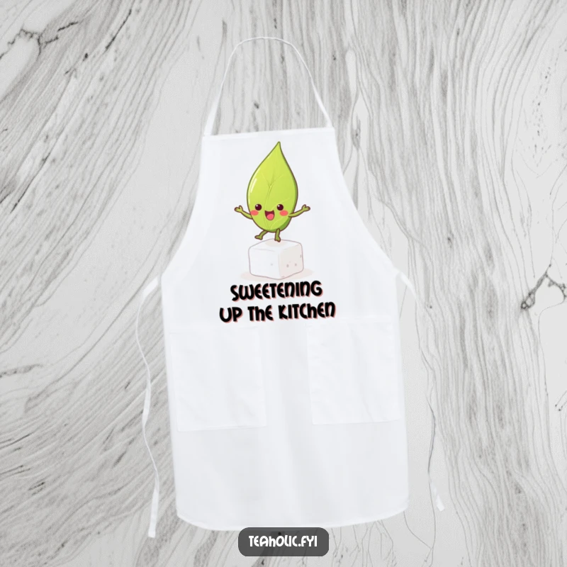 Funny tea leaf character energetically bouncing on a sugar cube while wearing a kitchen apron, ready for culinary fun.
