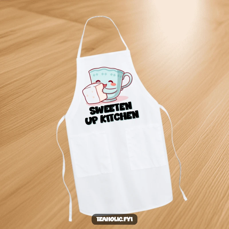 Funny teacup apron, character comically hugging sugar cube, fun and practical, perfect funny gift.