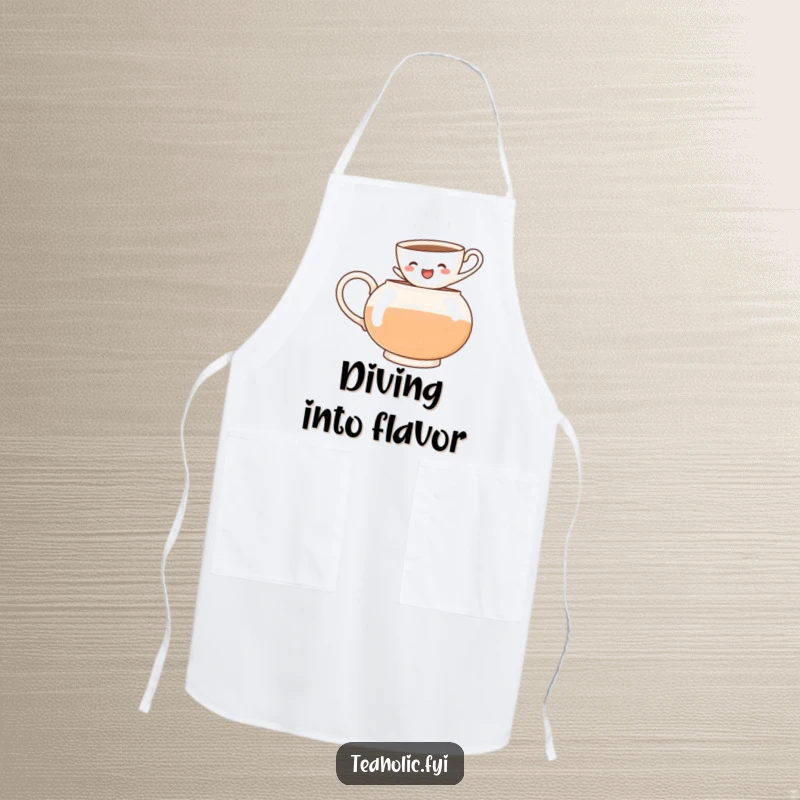 Funny apron with a cheerful teacup character jumping into a teapot, perfect for adding humor and protection in the kitchen.