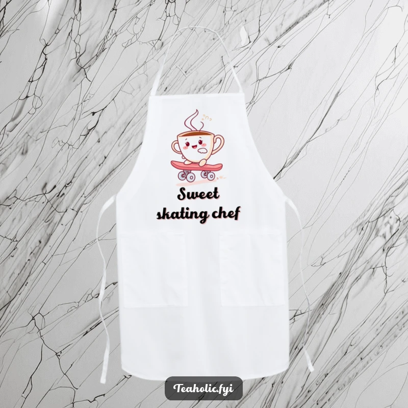 Funny apron featuring a steaming teacup character joyfully skateboarding on a sugar cube, perfect for a humorous kitchen enthusiast.