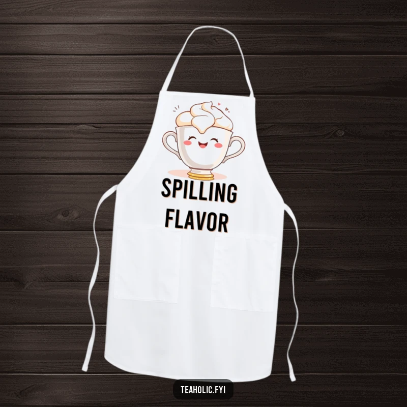 Funny apron with a gleeful teacup character smiling as it spills frothy tea, bringing joy to cooking.