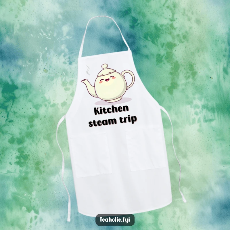 Funny apron featuring a teapot character comically tripping over its steam plume, perfect for a humorous kitchen enthusiast.