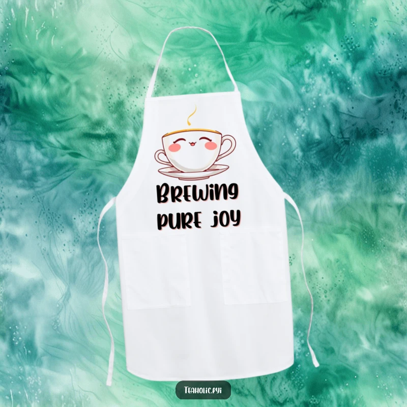 Funny thrilled teacup apron showing a character joyfully sipping tea with closed eyes, perfect for kitchen fun and protection.