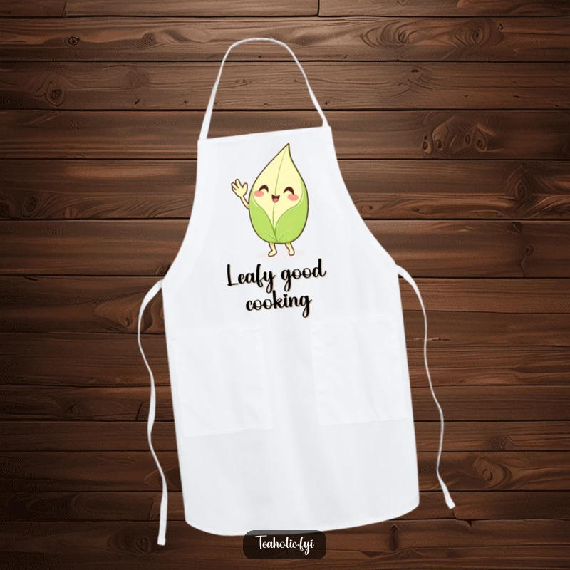 Funny waving tea leaf apron, a smiling character enthusiastically waving hello, humorous and practical kitchen wear for spreading cheer.