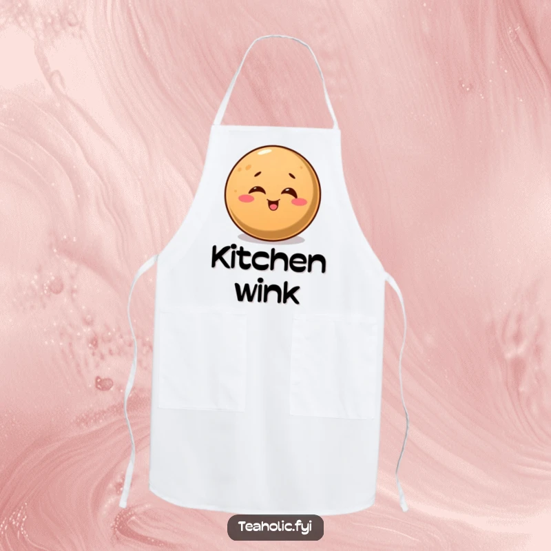 Funny apron design of a round coffee bean slyly winking, adding a playful touch to kitchen duties.