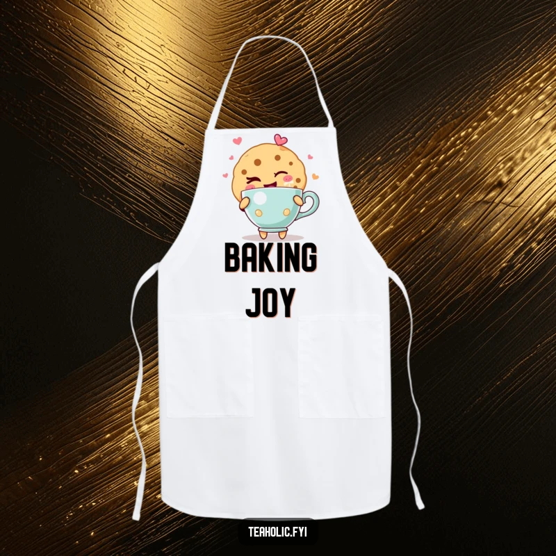 Funny cookie apron showing a cookie character giving a playful wink, holding a teacup overflowing with joy, ideal for a cheerful baker.