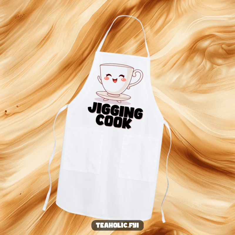 Funny apron showing a cheerful teacup character dancing a lively jig on saucer feet while cooking.