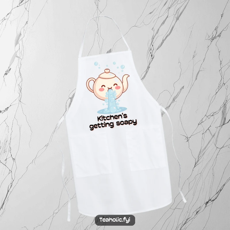 Funny apron featuring a teapot character cheerfully pouring a cascade of bubbles, a humorous and practical kitchen essential.