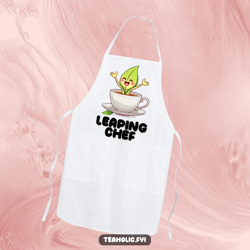 Funny tea leaf apron depicting a joyful tea leaf character leaping dynamically from a teacup, ready for kitchen fun.