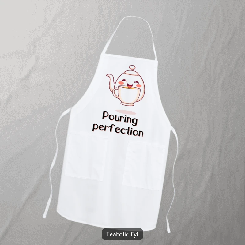 Funny cheerful teapot character joyfully pouring tea into a hovering mug, depicted on a kitchen apron.