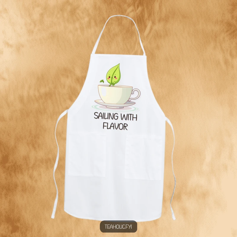 Funny apron displaying a smiling tea leaf character sailing a teacup like a boat, a practical funny gift.