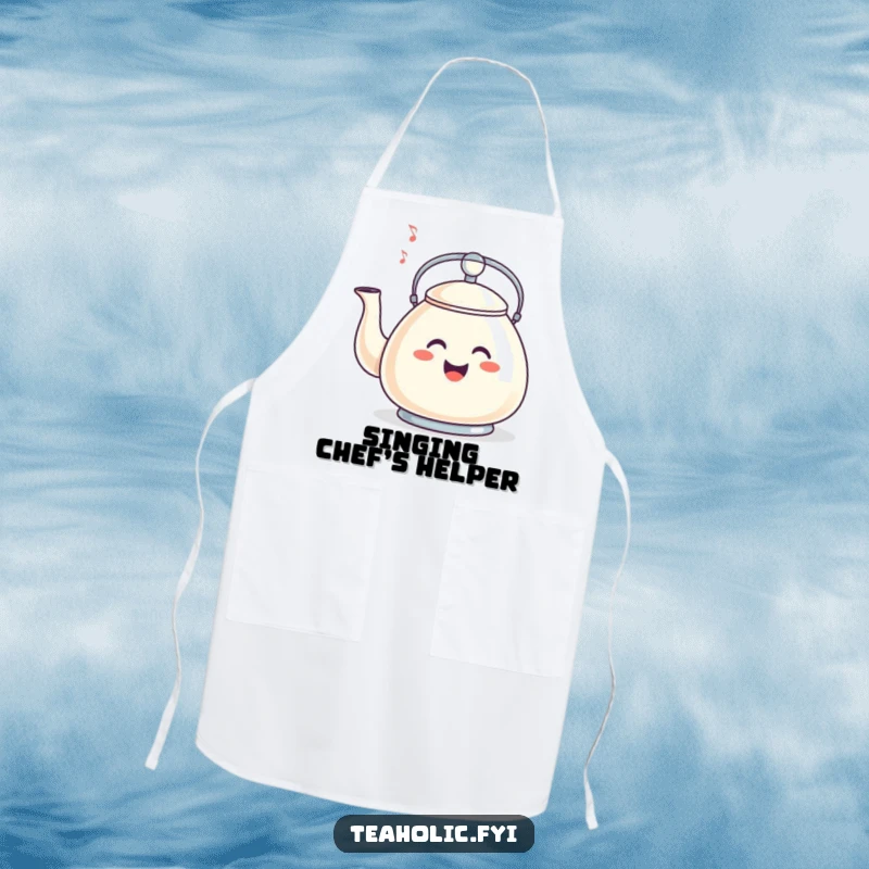 Funny apron showcasing a smiling tea kettle whistling a happy tune, perfect for a melodious cooking experience.