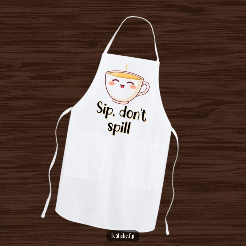 Funny teacup apron with a cheerful character sipping, ideal for kitchen fun and as a funny gift.