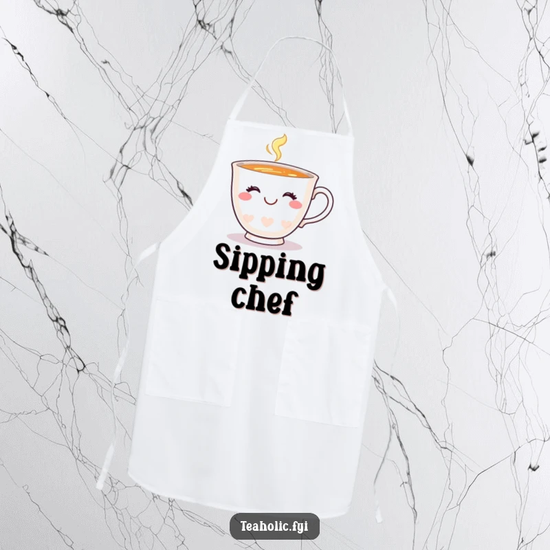 Funny teacup apron depicting a happy teacup with a charming smile and a wink, ready for kitchen duties.