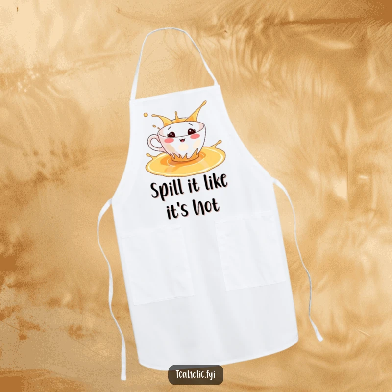 Funny apron showcasing a teacup character playfully splashing in tea, perfect for a fun cooking experience.