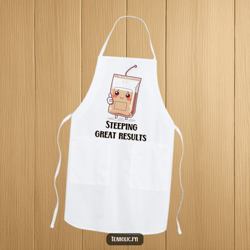 Funny apron showcasing a smiling tea bag character giving a thumbs up, perfect for kitchen antics and humorous cooking.