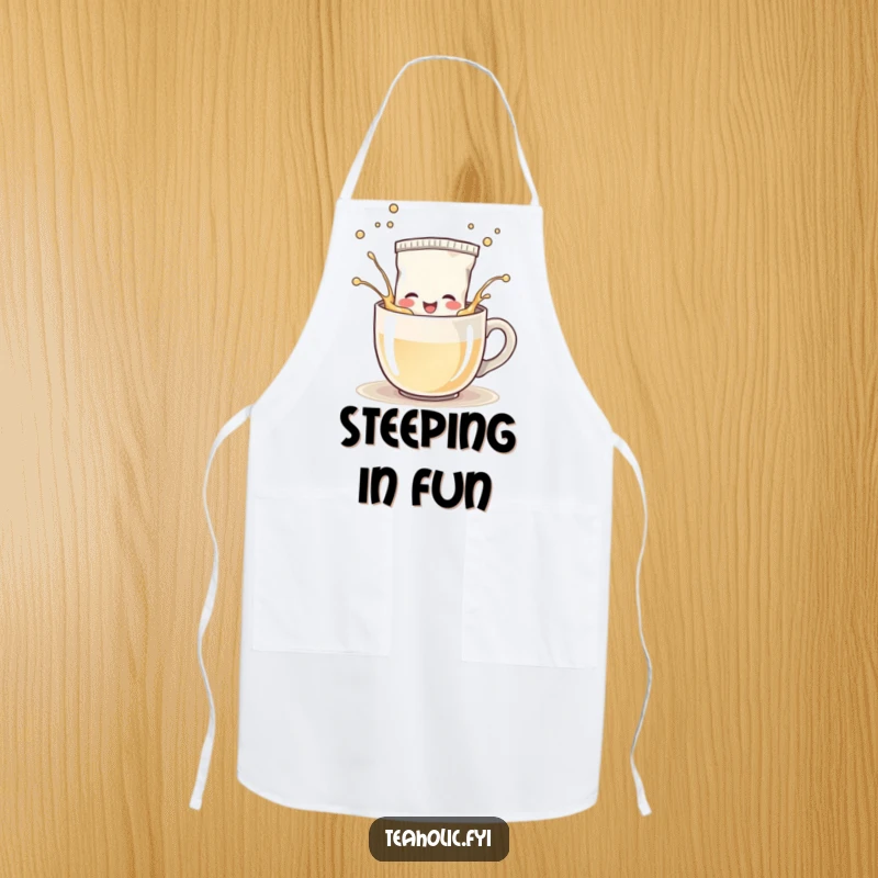 Funny Apron: Happy tea bag character splashing playfully in a steaming mug, adds cheer to cooking.