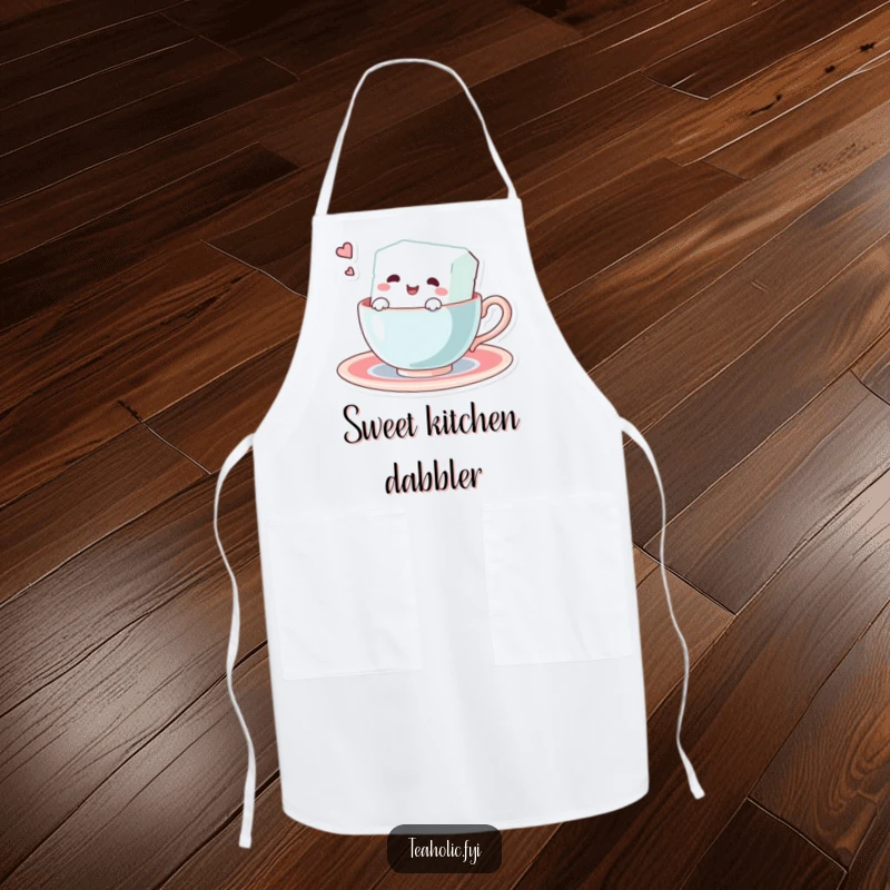 Funny apron showing a happy sugar cube character swimming in a teacup. Ideal for kitchen use, adding a humorous touch.
