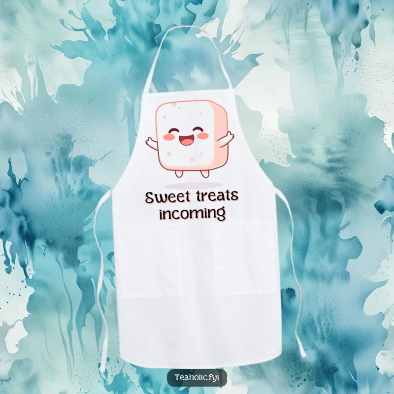 Funny apron featuring a jolly sugar cube bouncing with happiness, bringing a sweet touch and cheerful vibes to the kitchen.